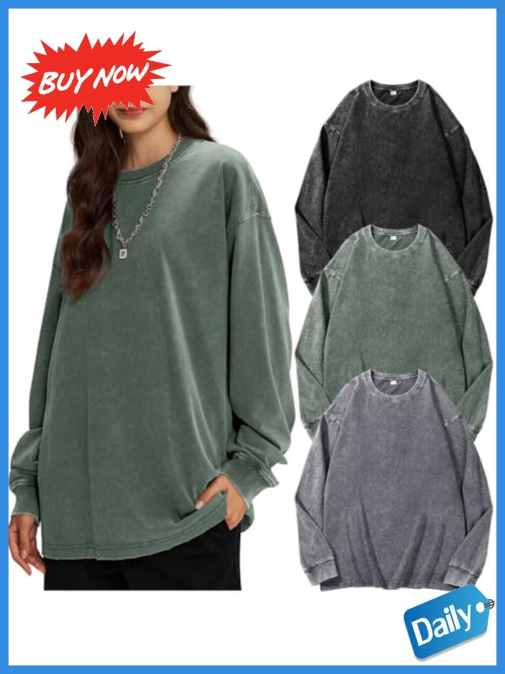 Oversized Women's Cotton Long Sleeve Acid Wash T-Shirt Unisex Loose Fit